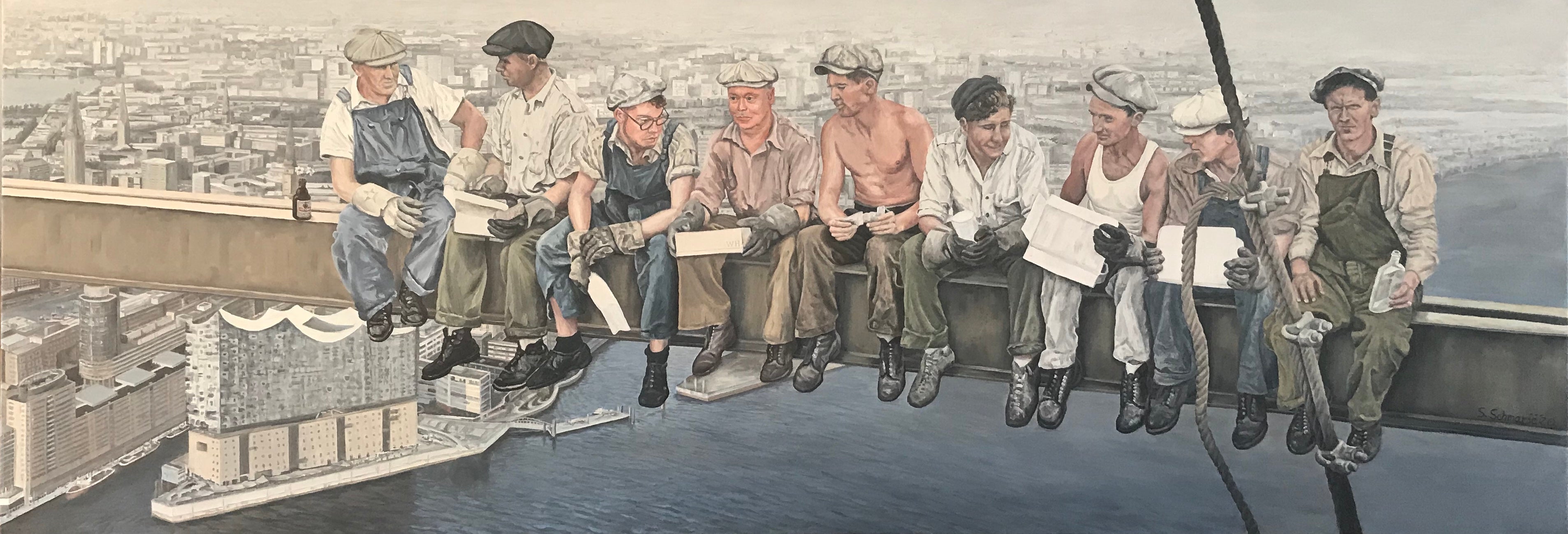 Bauarbeiter über Hamburg, Ölgemälde auf Leinwand, 75x200cm