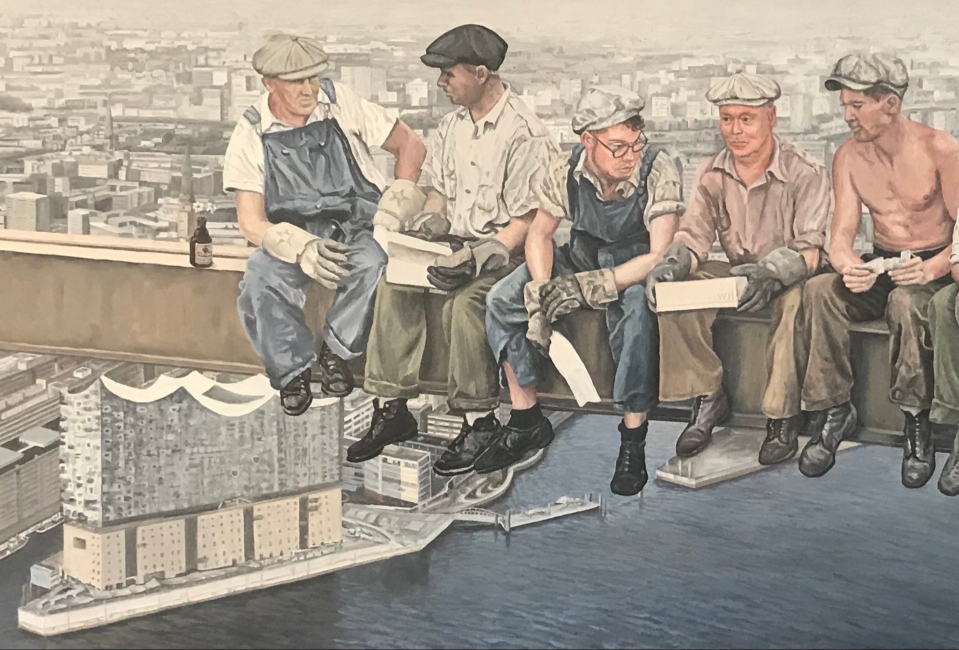 Bauarbeiter über Hamburg, Ölgemälde auf Leinwand, 75x200cm