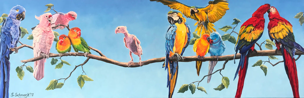 Papageien, Öl auf Leinwand 50 cm X 150 cm