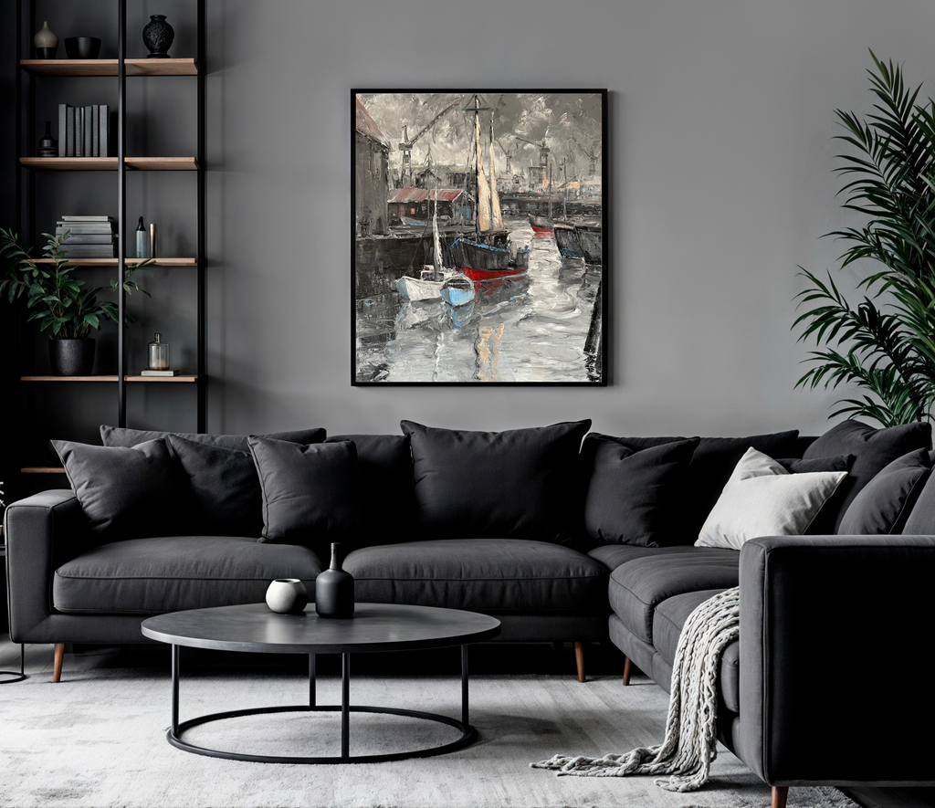 Boote im Hafen, Ölgemälde auf Leinwand, 100x80cm