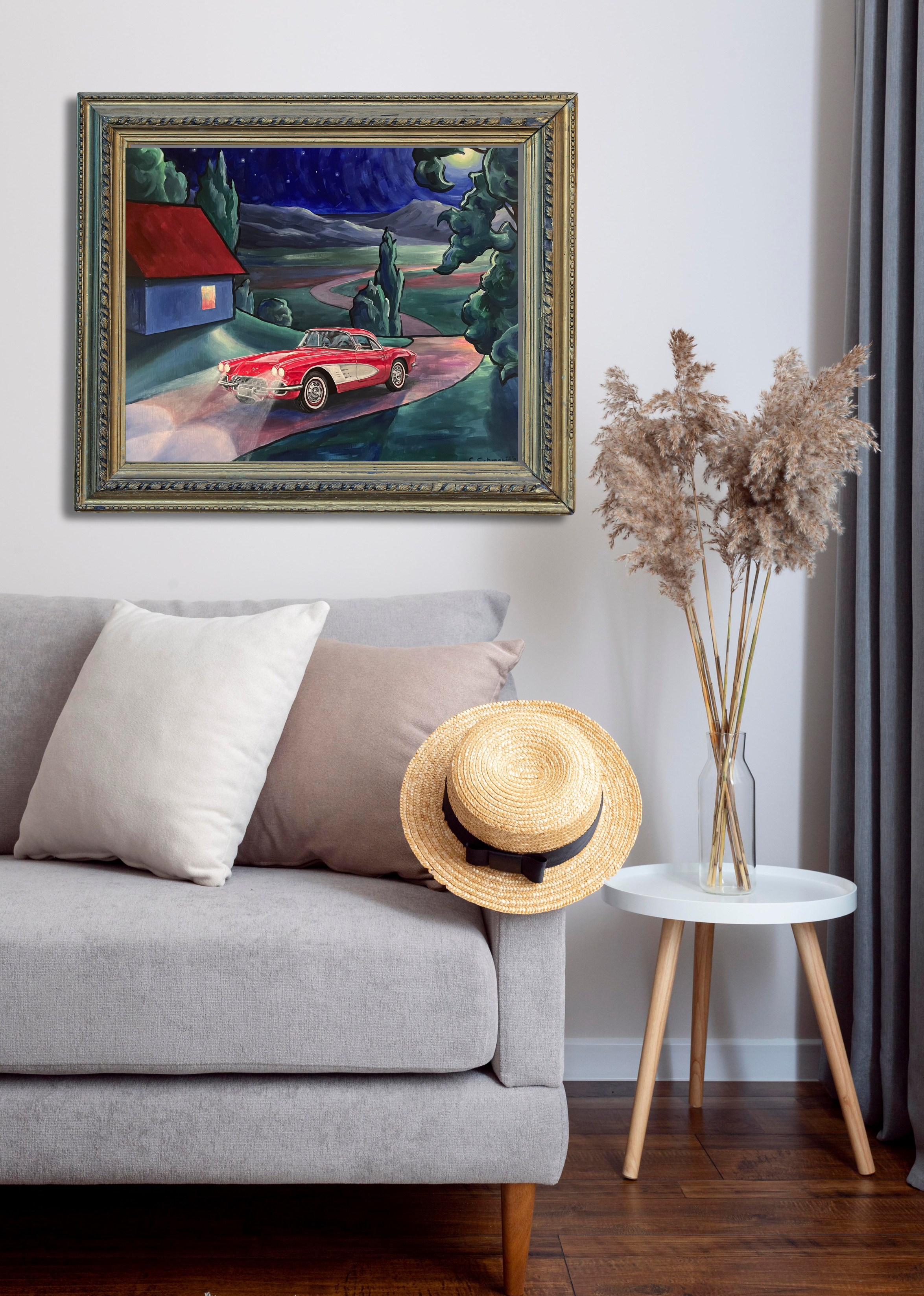 Corvette im toskanischen Mondlicht, Ölgemälde auf Leinwand 50x60 cm