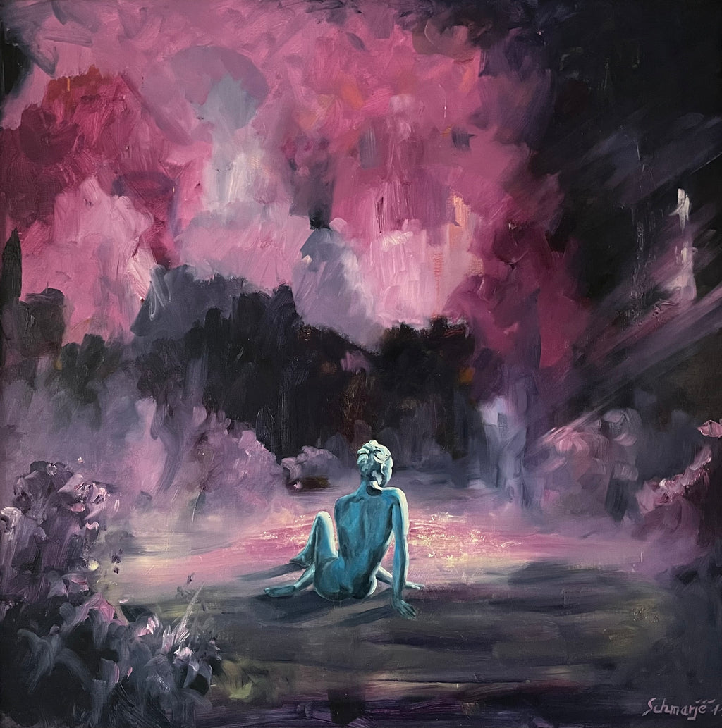 Bronzefigur am Teich, Ölgemälde 80 cm x 80 cm