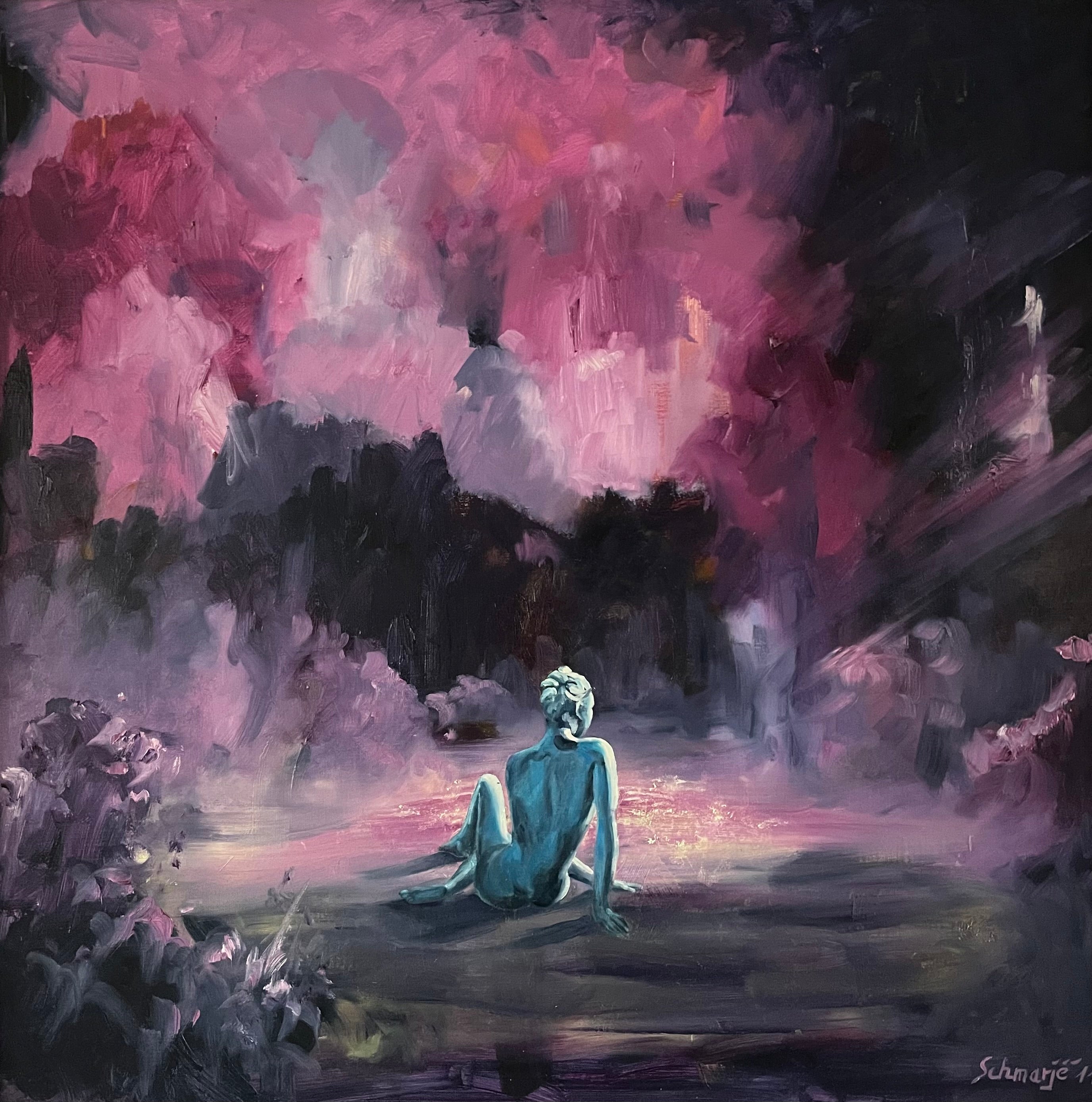 Bronzefigur am Teich, Ölgemälde 80 cm x 80 cm