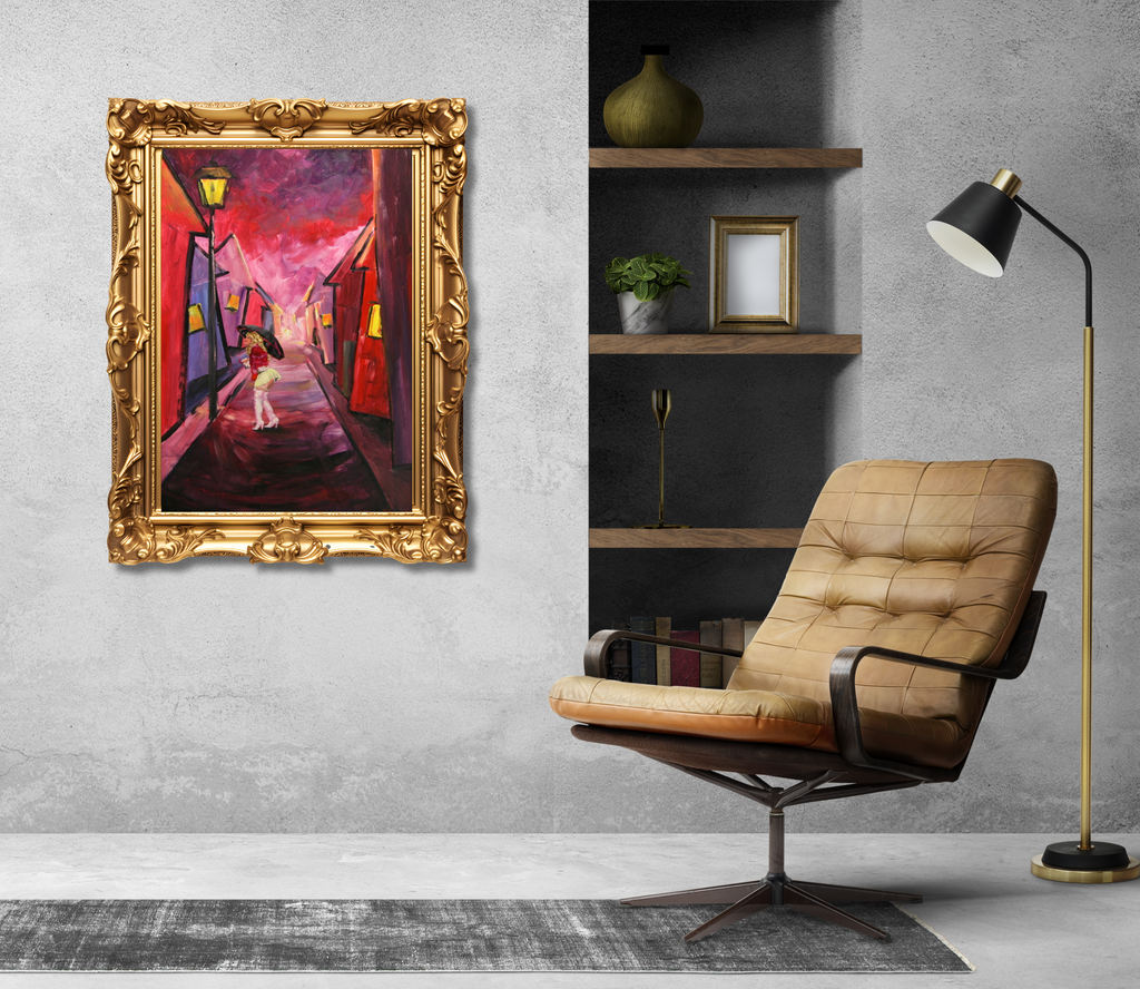 Frau unter der Laterne, Ölgemälde 90 x 60 cm