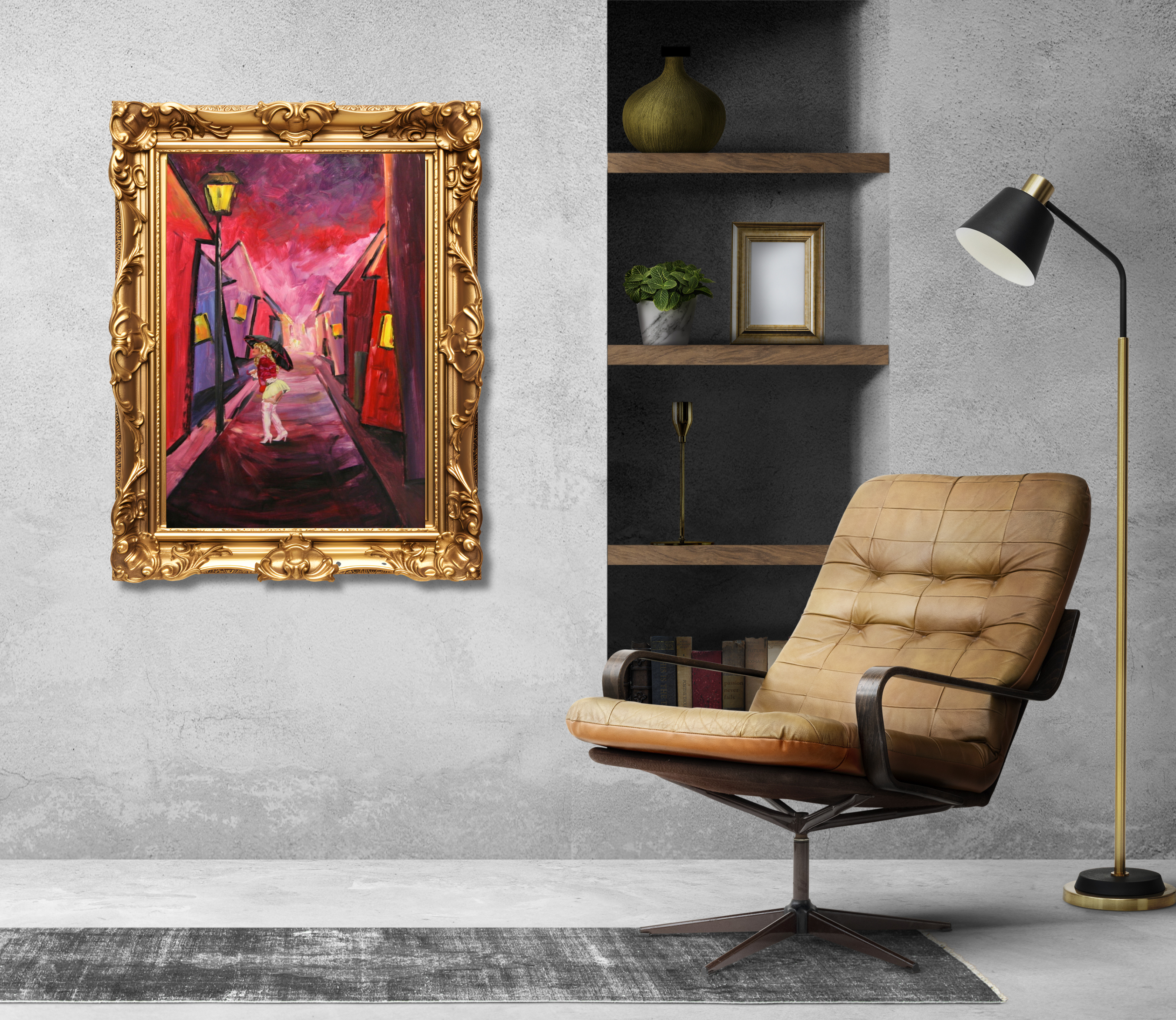 Frau unter der Laterne, Ölgemälde 90 x 60 cm