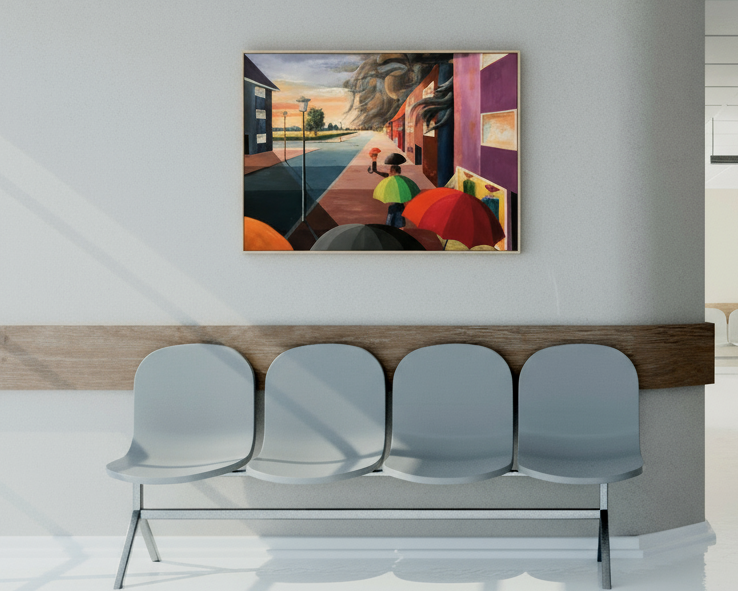 „Regenschirme in der Stadt“ – 60 × 80 cm, Öl auf Leinwand