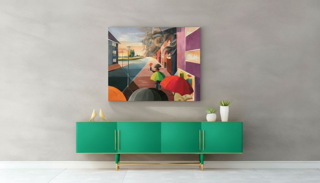 „Regenschirme in der Stadt“ – 60 × 80 cm, Öl auf Leinwand