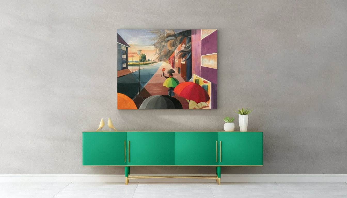 „Regenschirme in der Stadt“ – 60 × 80 cm, Öl auf Leinwand