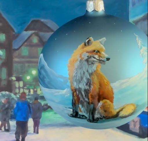 Tannenbaumkugel - Fuchs im Schnee - Hellblau 10cm