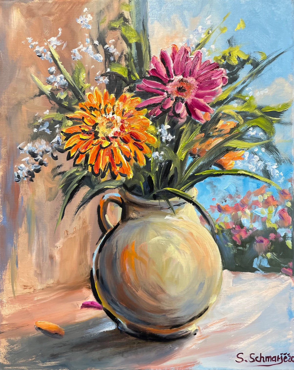 Blumenstrauß mit Gerbera in Vase, Ölgemälde auf Leinwand, 50x40cm