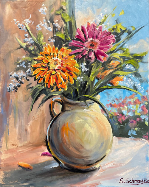 Blumenstrauß mit Gerbera in Vase, Ölgemälde auf Leinwand, 50x40cm