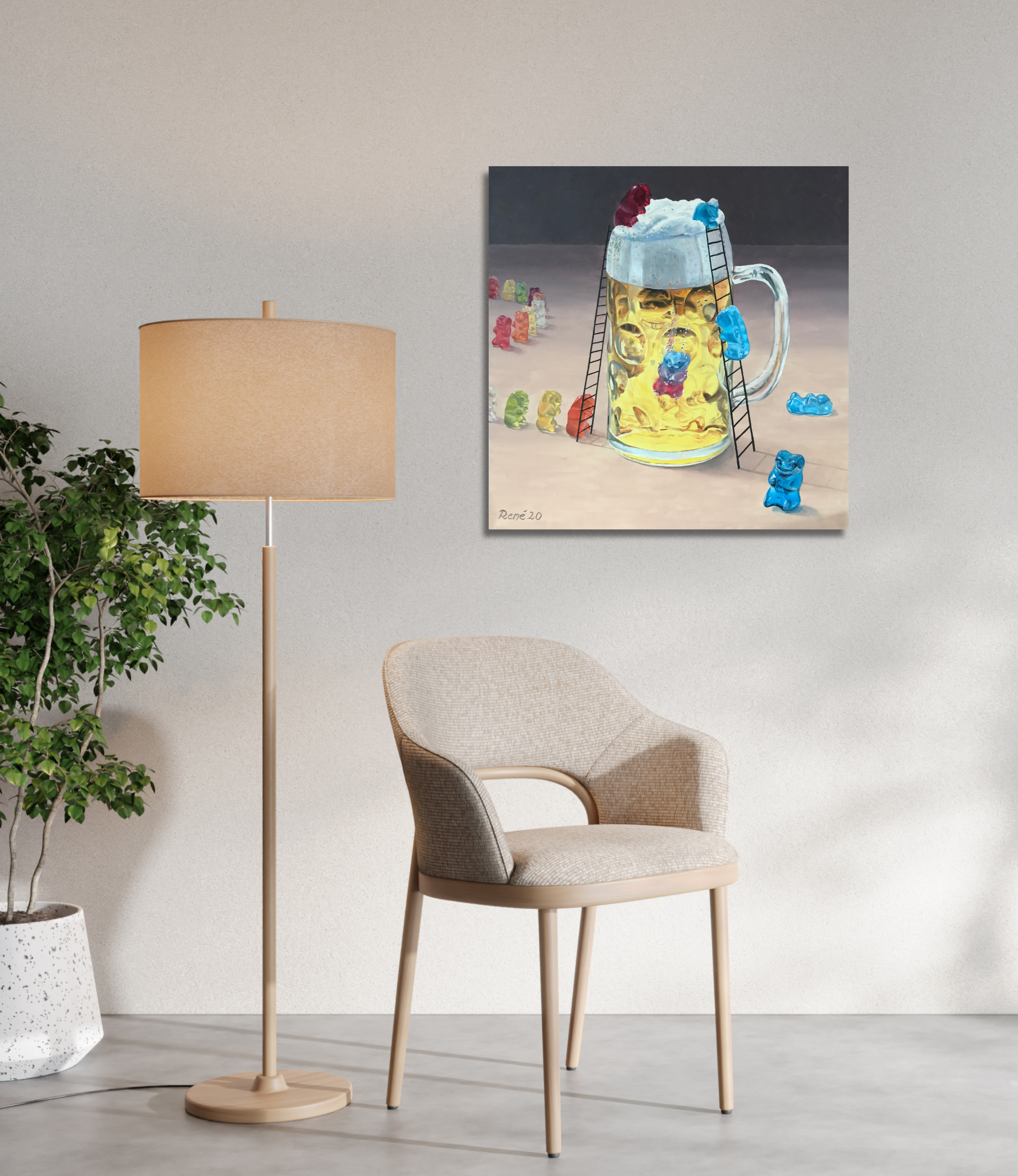 Gummibärchen im Bierglas, Ölgemälde 60 x 60 cm