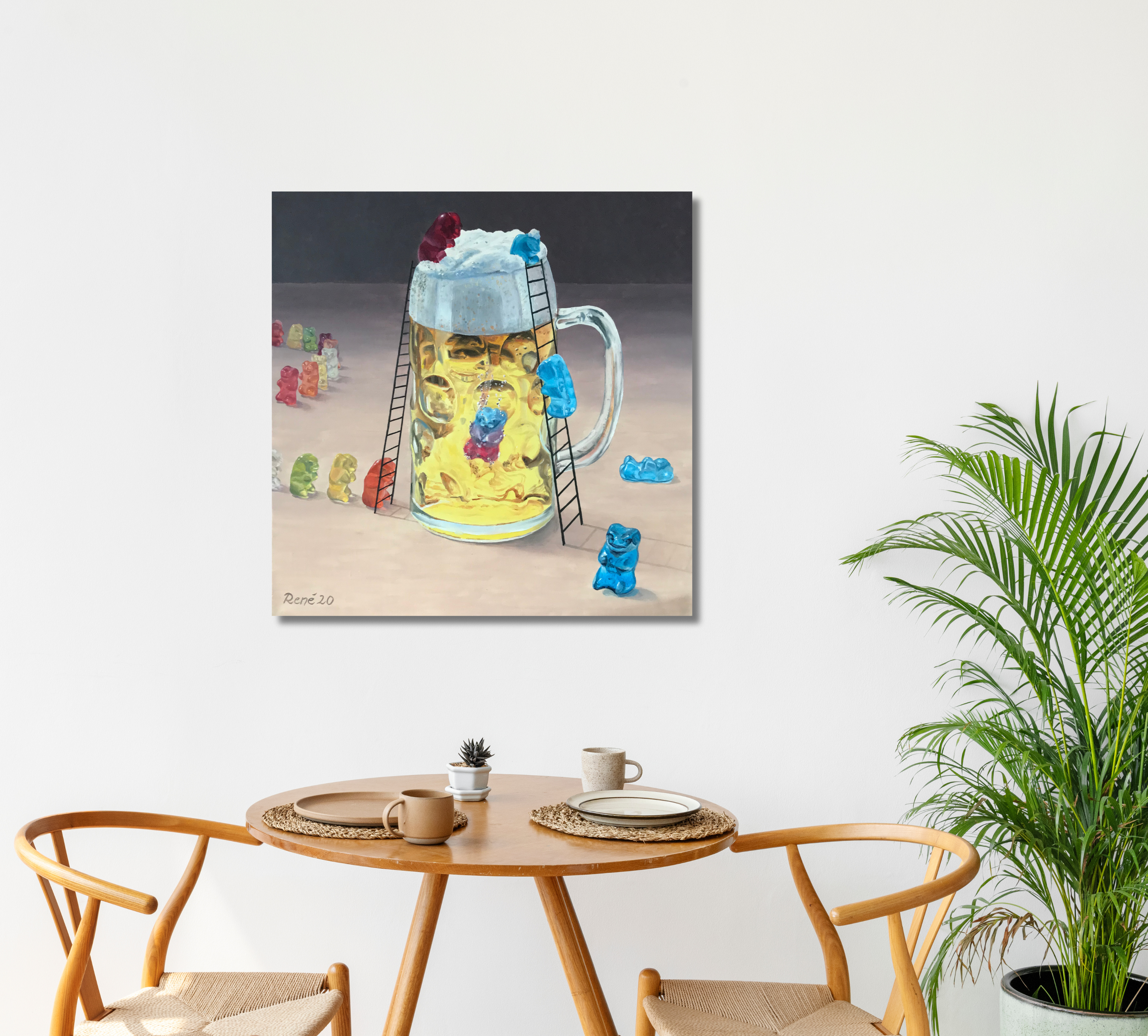 Gummibärchen im Bierglas, Ölgemälde 60 x 60 cm