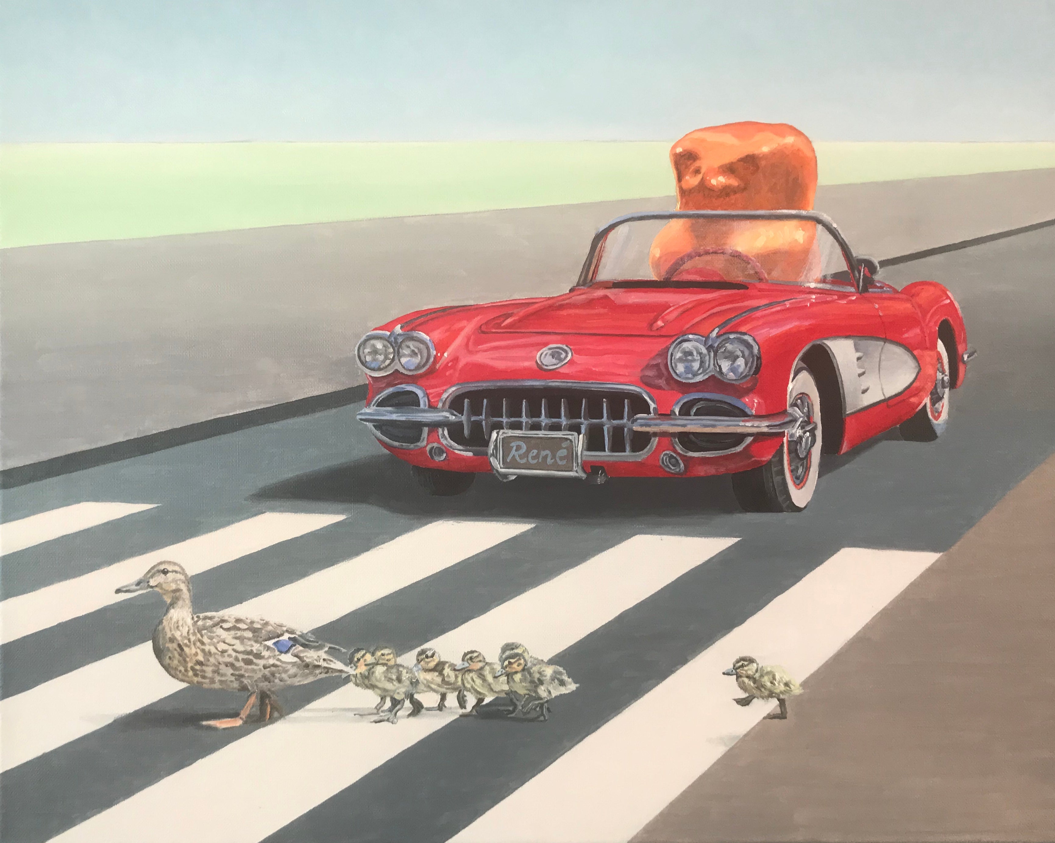 Gummibärchen fährt Auto, Ölgemälde, 40 cm x 50 cm
