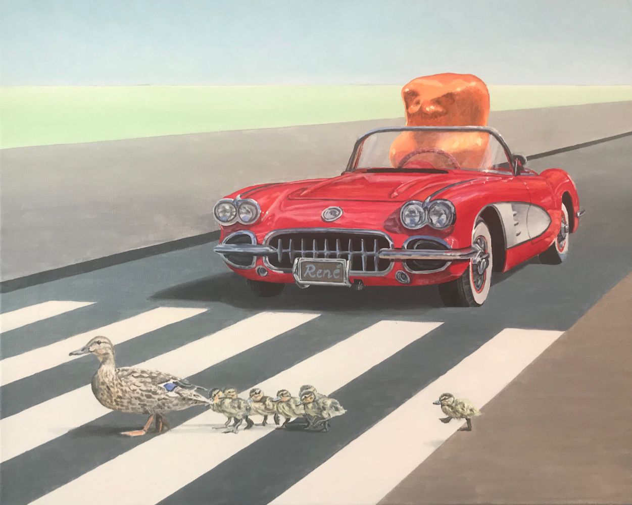 Gummibär fährt Auto, Ölgemälde, 40 cm x 50 cm