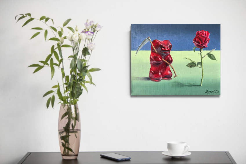 Gummibärchen mit Rose, Ölbild 24 x 30 cm