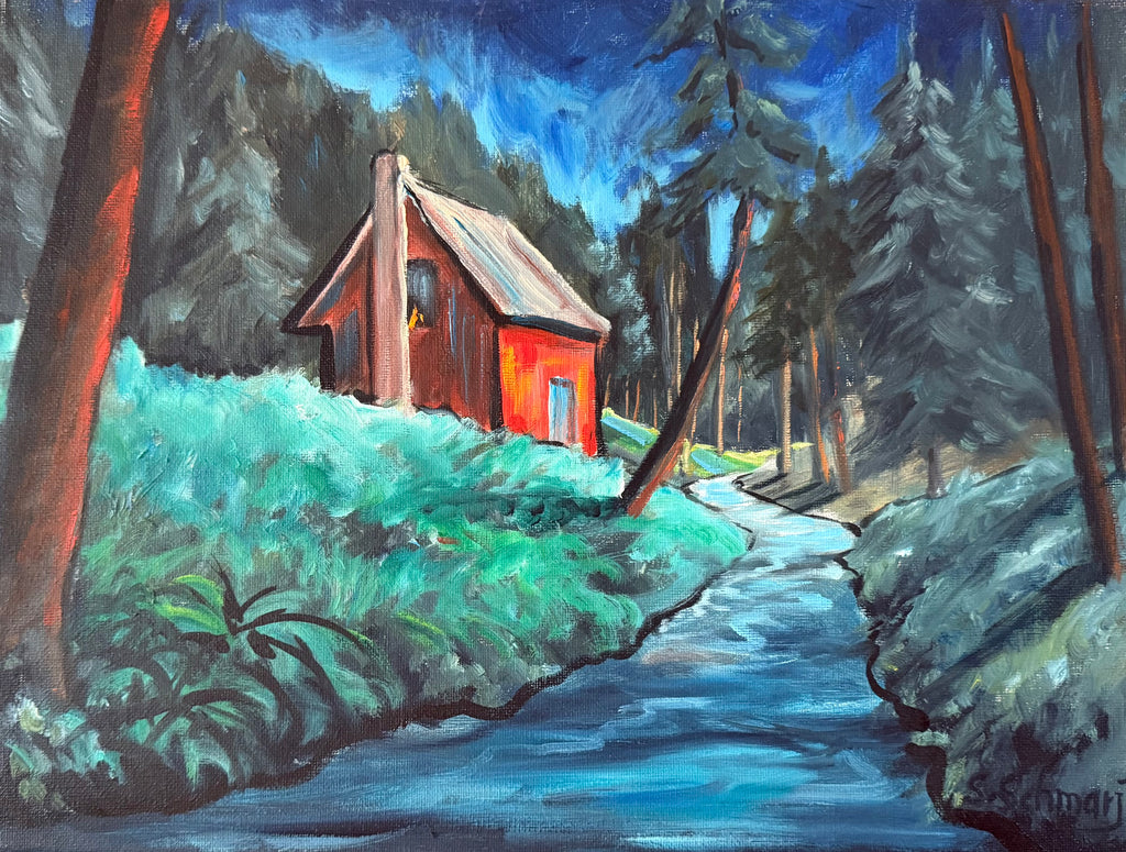 Rotes Haus im Wald, Ölgemälde auf Leinwand, 30x40cm