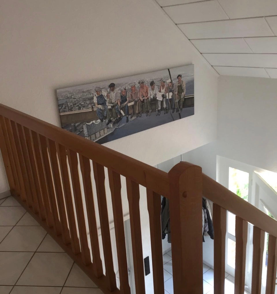 Bauarbeiter über Hamburg, Ölgemälde auf Leinwand, 75x200cm
