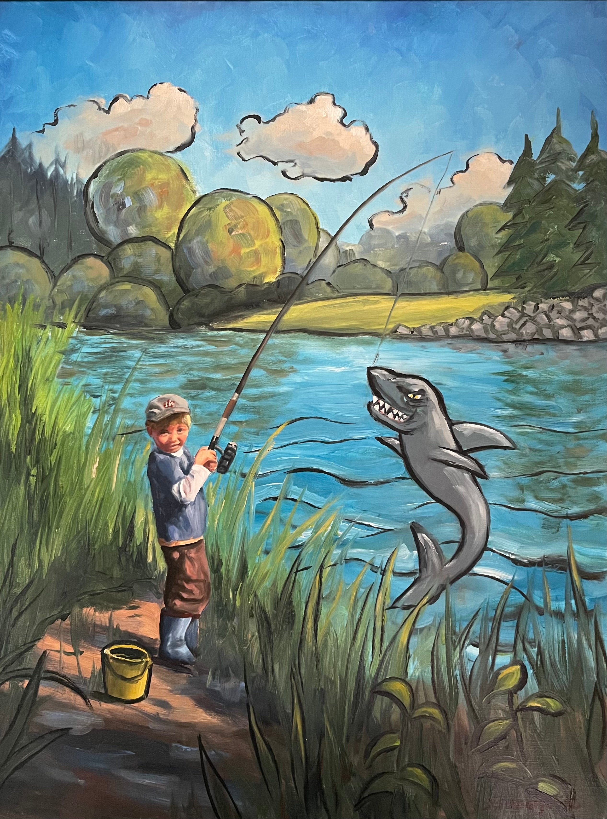 Junge mit Bobbycar, Ölbild auf Leinwand, 80x60cm