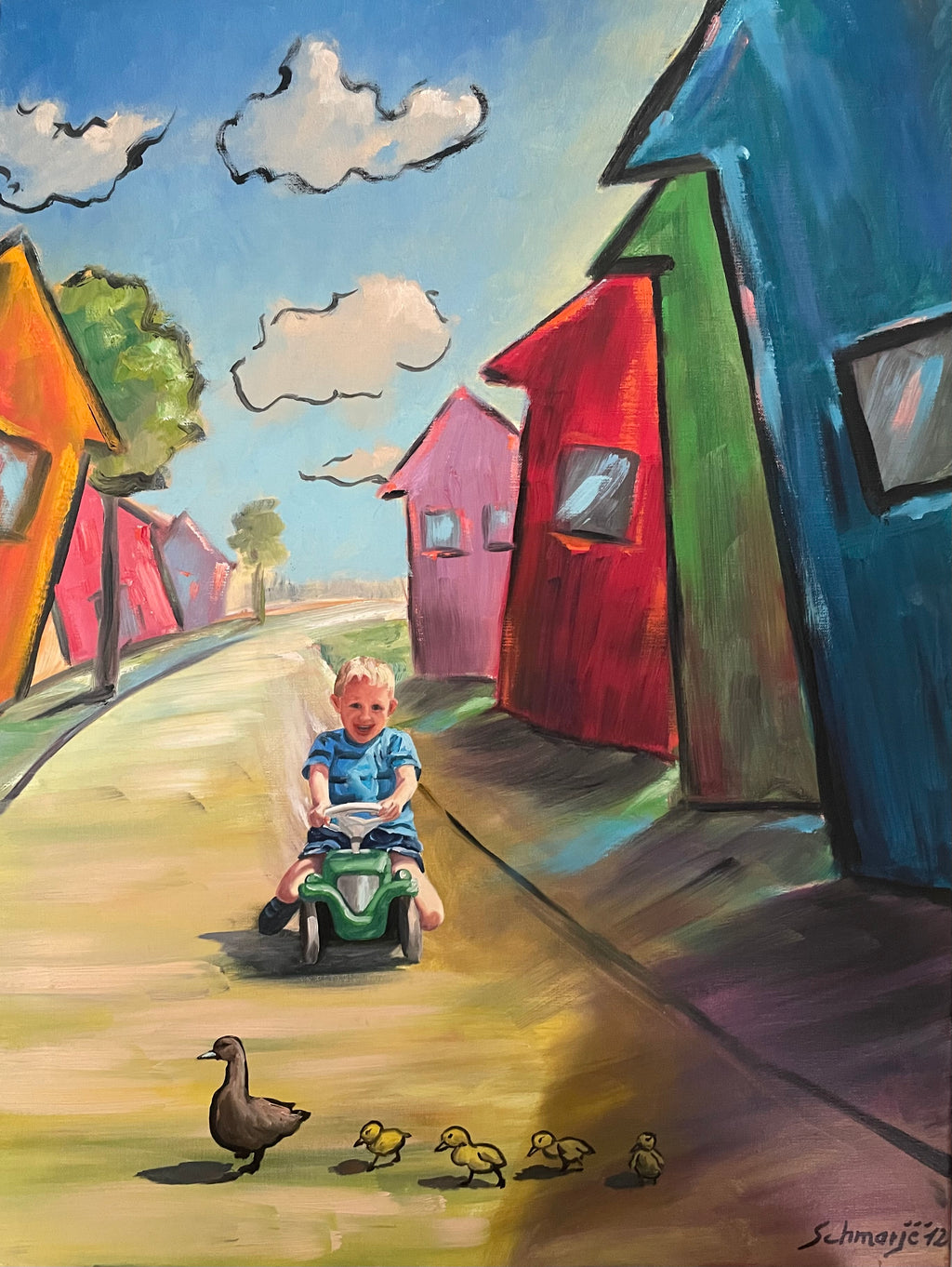 Junge mit Bobbycar, Ölbild auf Leinwand, 80x60cm