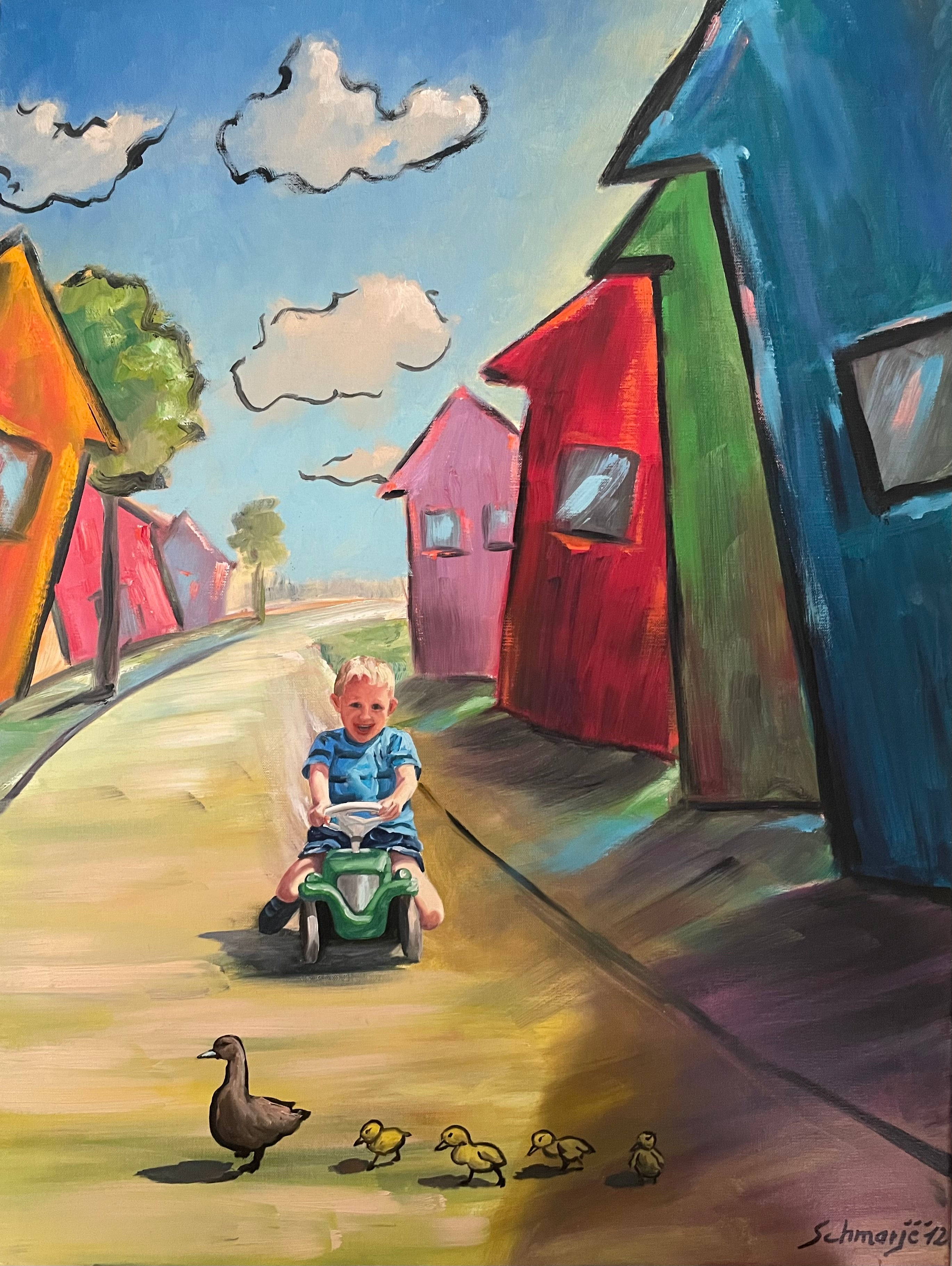 Junge mit Bobbycar, Ölbild auf Leinwand, 80x60cm