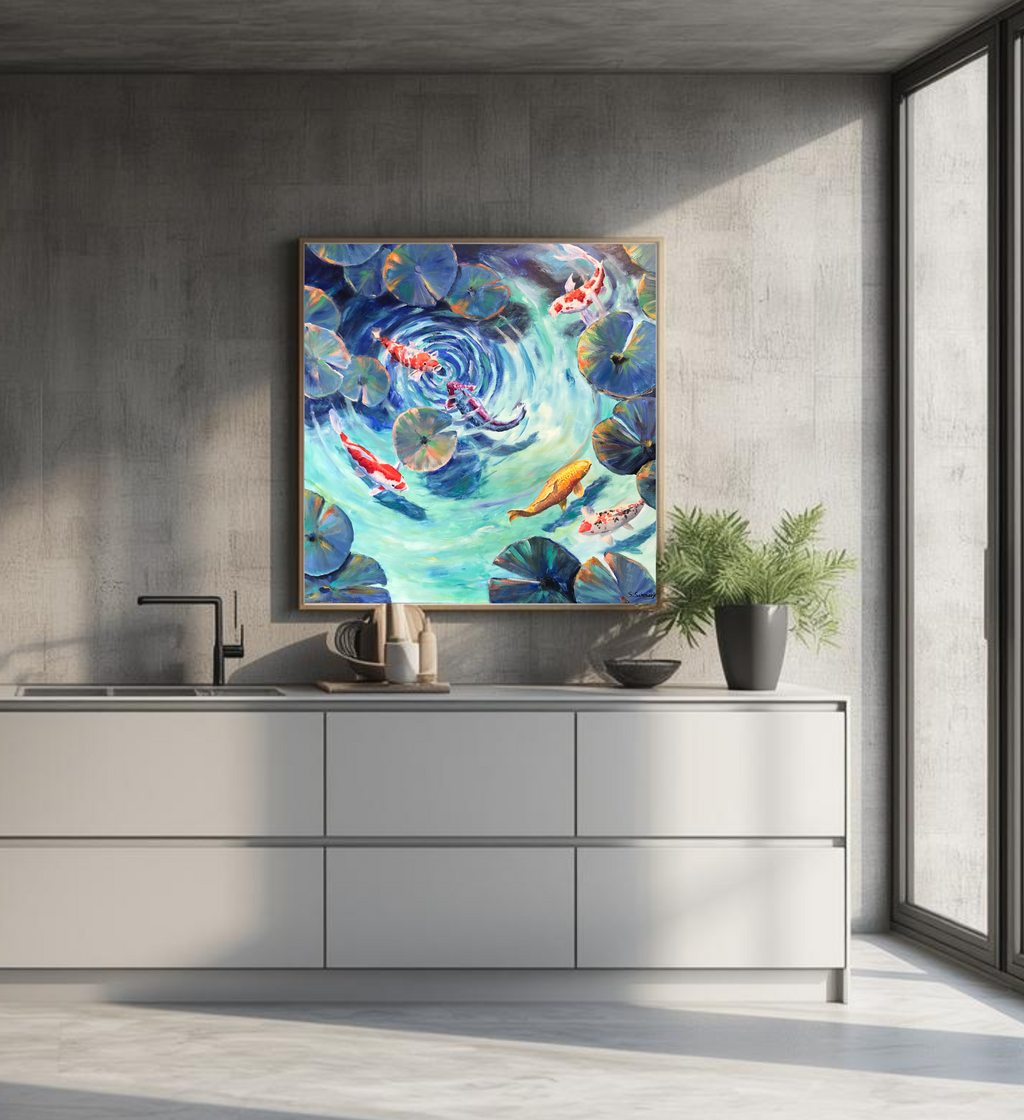 Kois im Frühling, Ölgemälde 100 cm x 100 cm