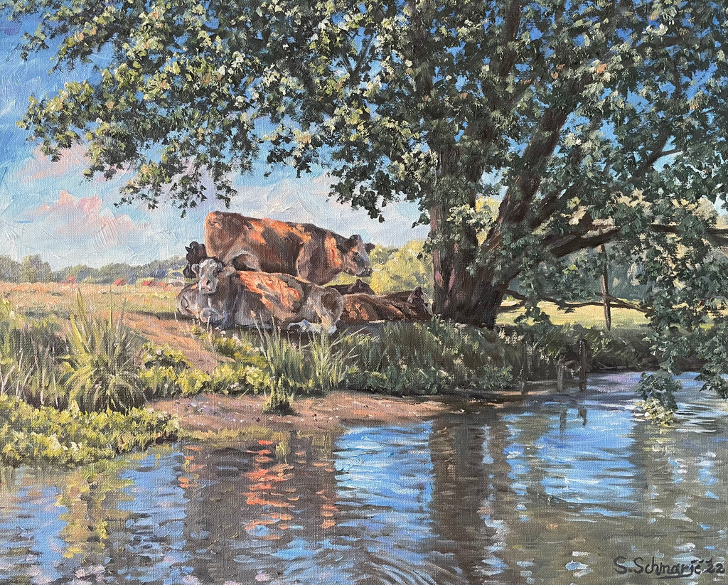 Stade, Kühe auf Schwingewiesen, Ölgemälde auf Leinwand 40x50cm