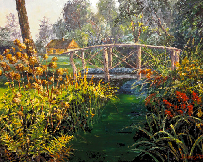 Landschaft mit Brücke, Ölgemälde 80 x 100 cm