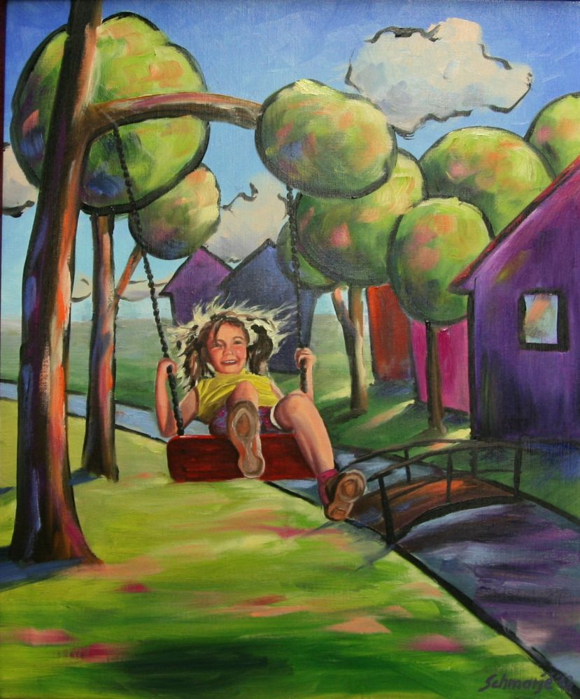 Comic World "Mädchen auf der Schaukel", Ölgemälde, 80 x 60cm