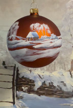 Tannenbaumkugel - Berghütte und eingeschneites Dorf, Bronze 10 cm