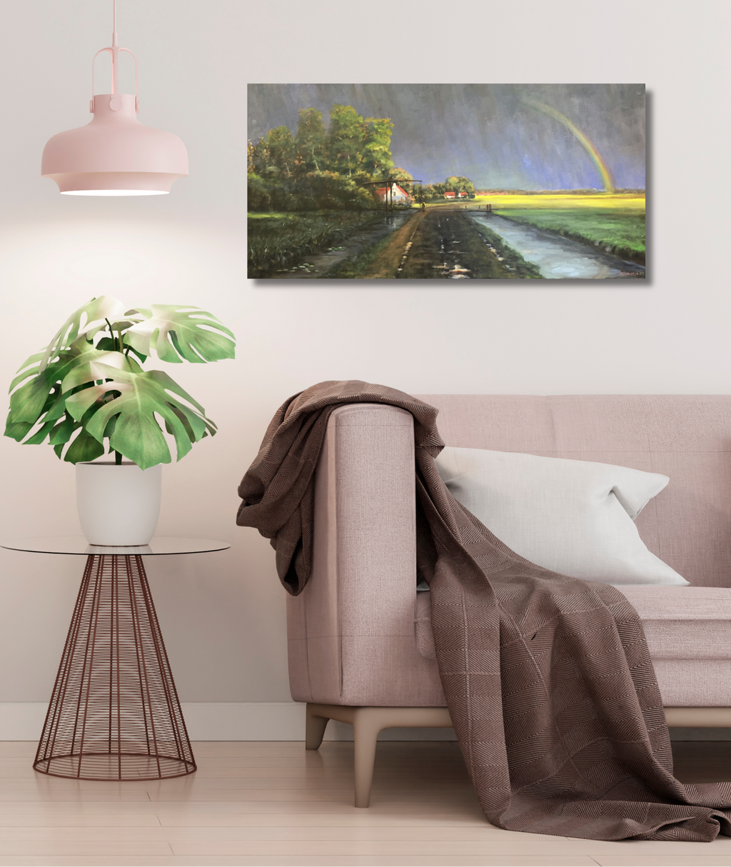 Landschaft mit Regenbogen, Ölgemälde 50 x 100 cm