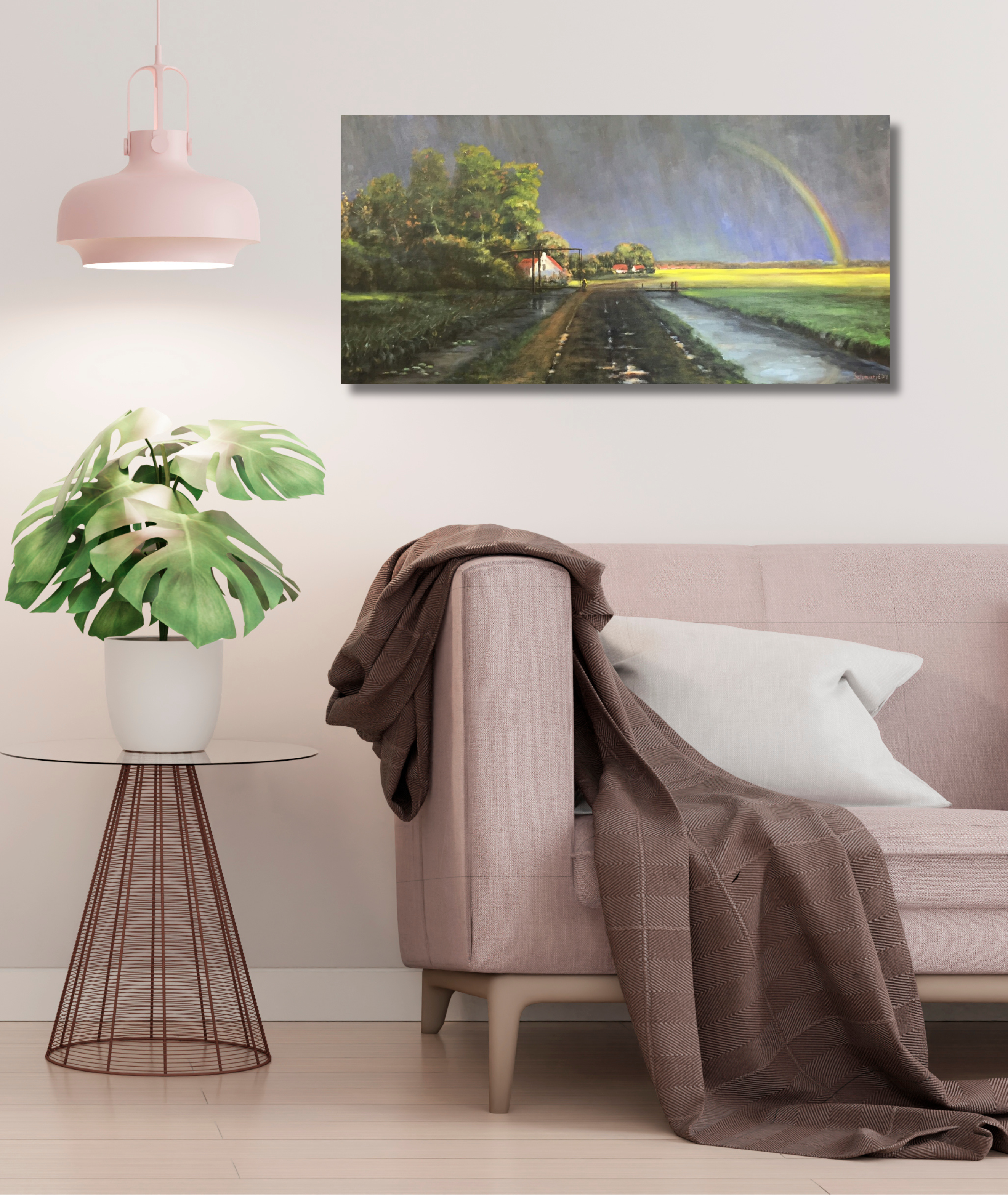 Landschaft mit Regenbogen, Ölgemälde 50 x 100 cm