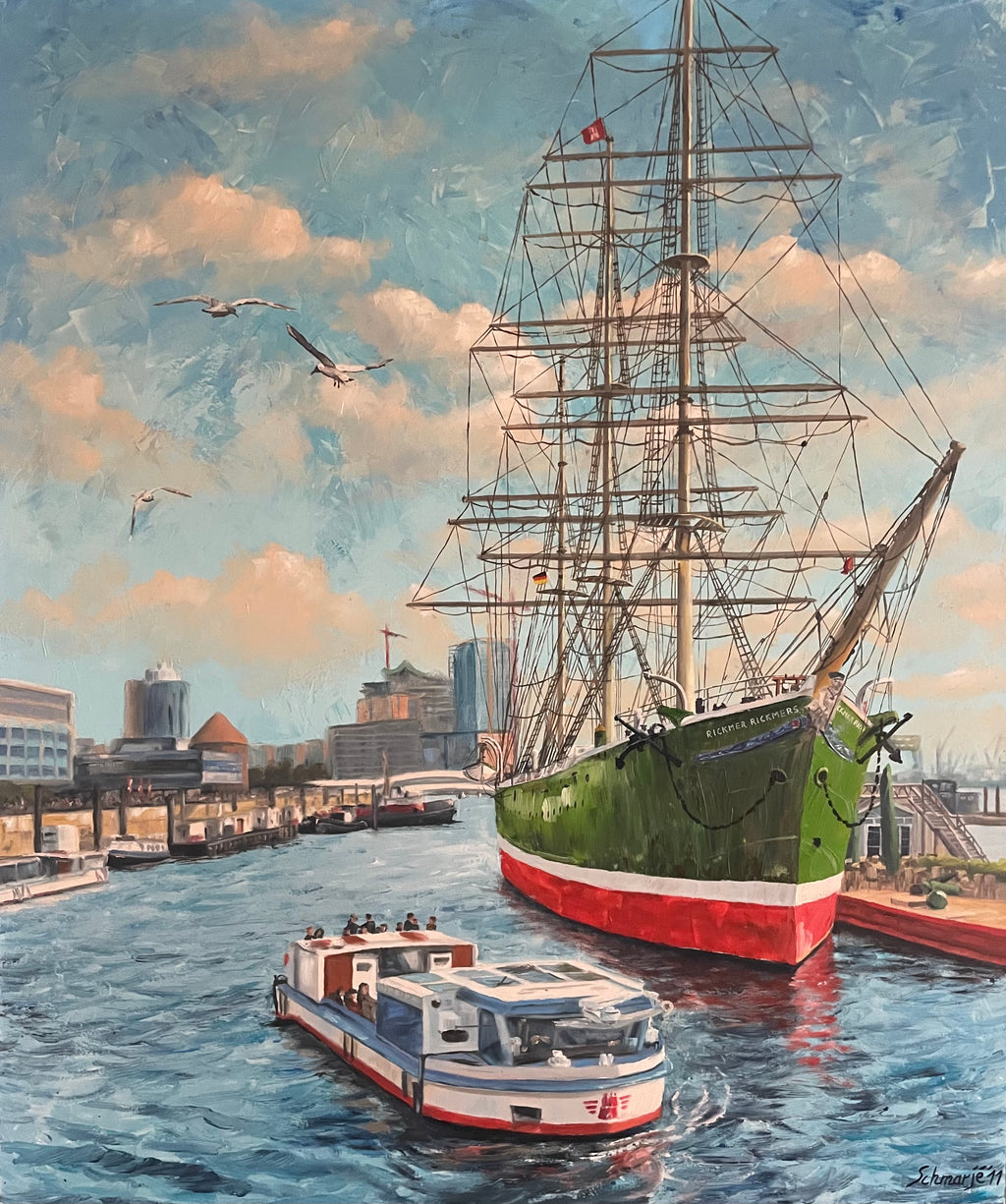 Rickmer Rickmers im Hamburger Hafen, Ölgemälde auf Leinwand, 120x100x3,7cm