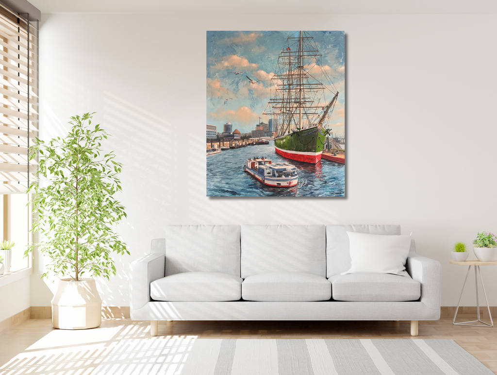 Rickmer Rickmers im Hamburger Hafen, Ölgemälde auf Leinwand, 120x100x3,7cm