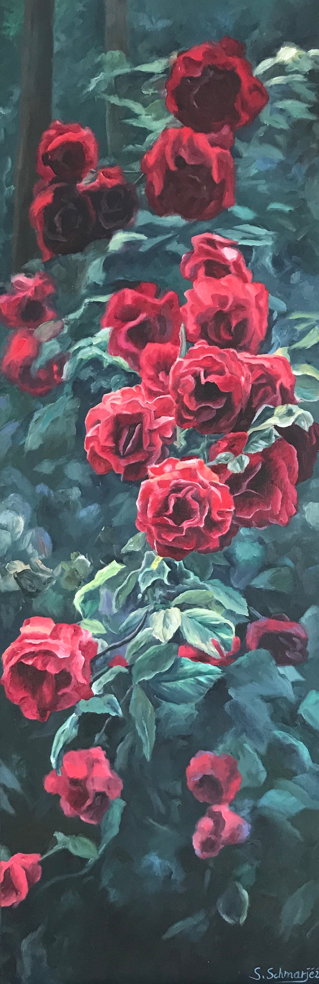 Rote Rosen, Ölgemälde 150 x 50 cm