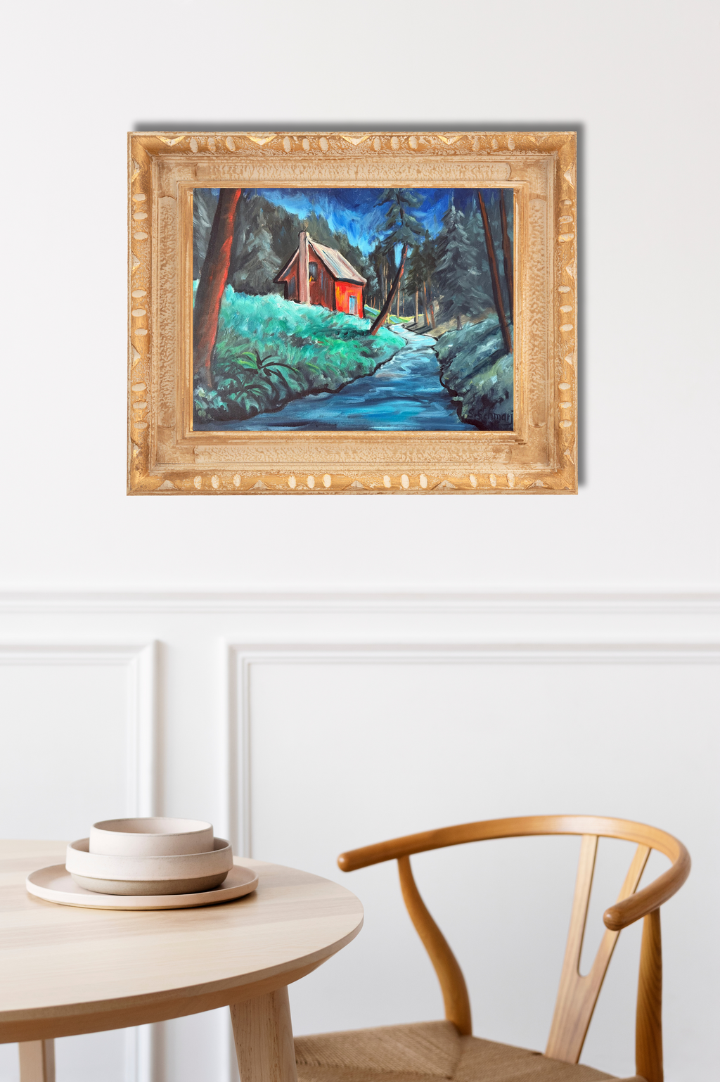 Rotes Haus im Wald, Ölgemälde auf Leinwand, 30x40cm