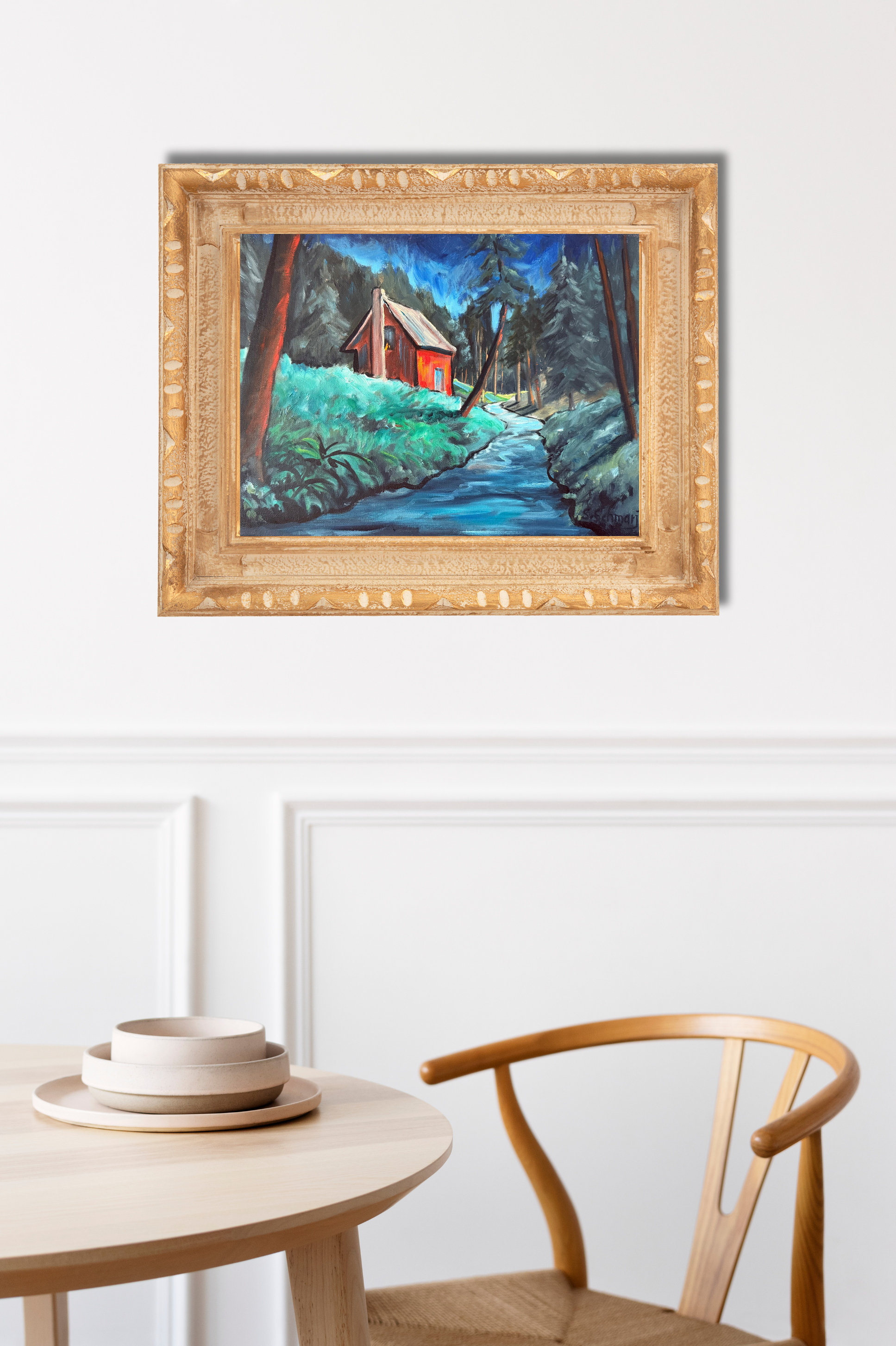 Rotes Haus im Wald, Ölgemälde auf Leinwand, 30x40cm