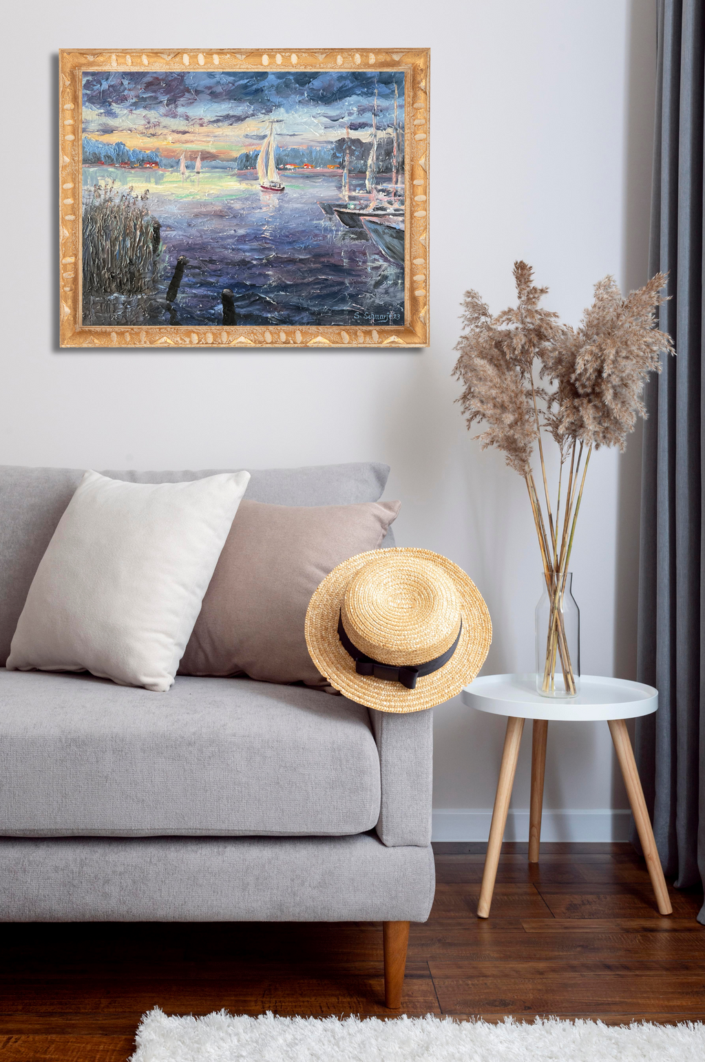 Segelboote am Hafen, Ölgemälde auf Leinwand, gespachtelt, 40x50cm