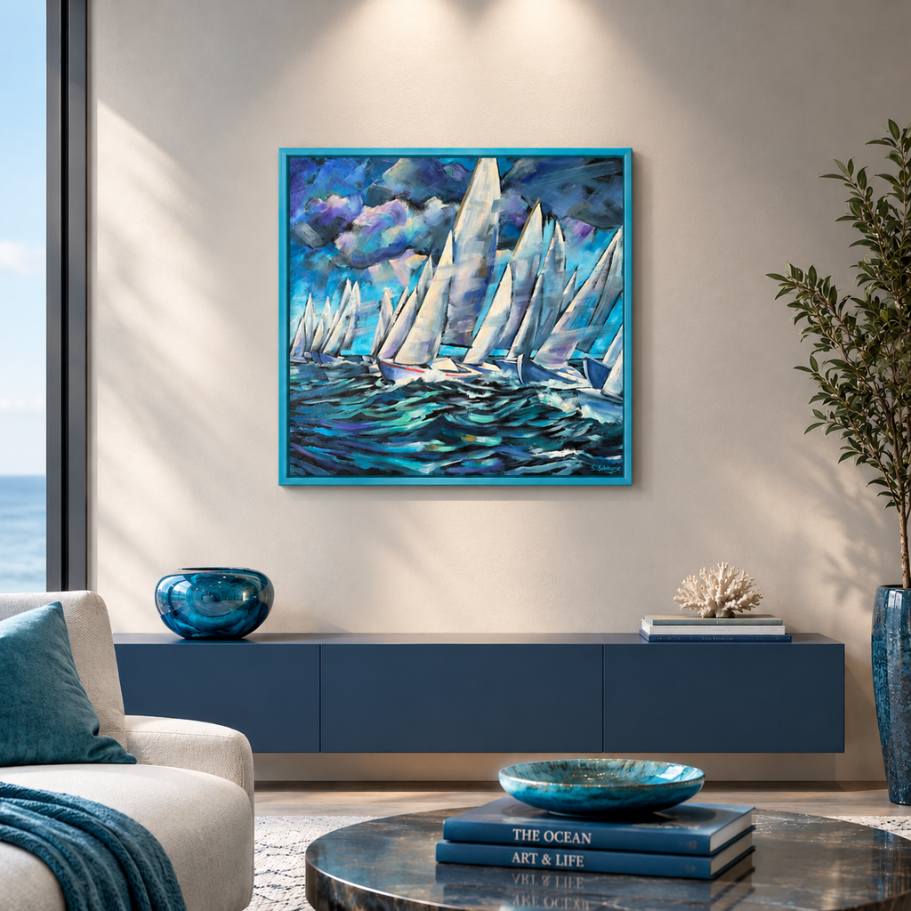 Segelregatta expressiv, Ölbild auf Leinwand, 80x80cm