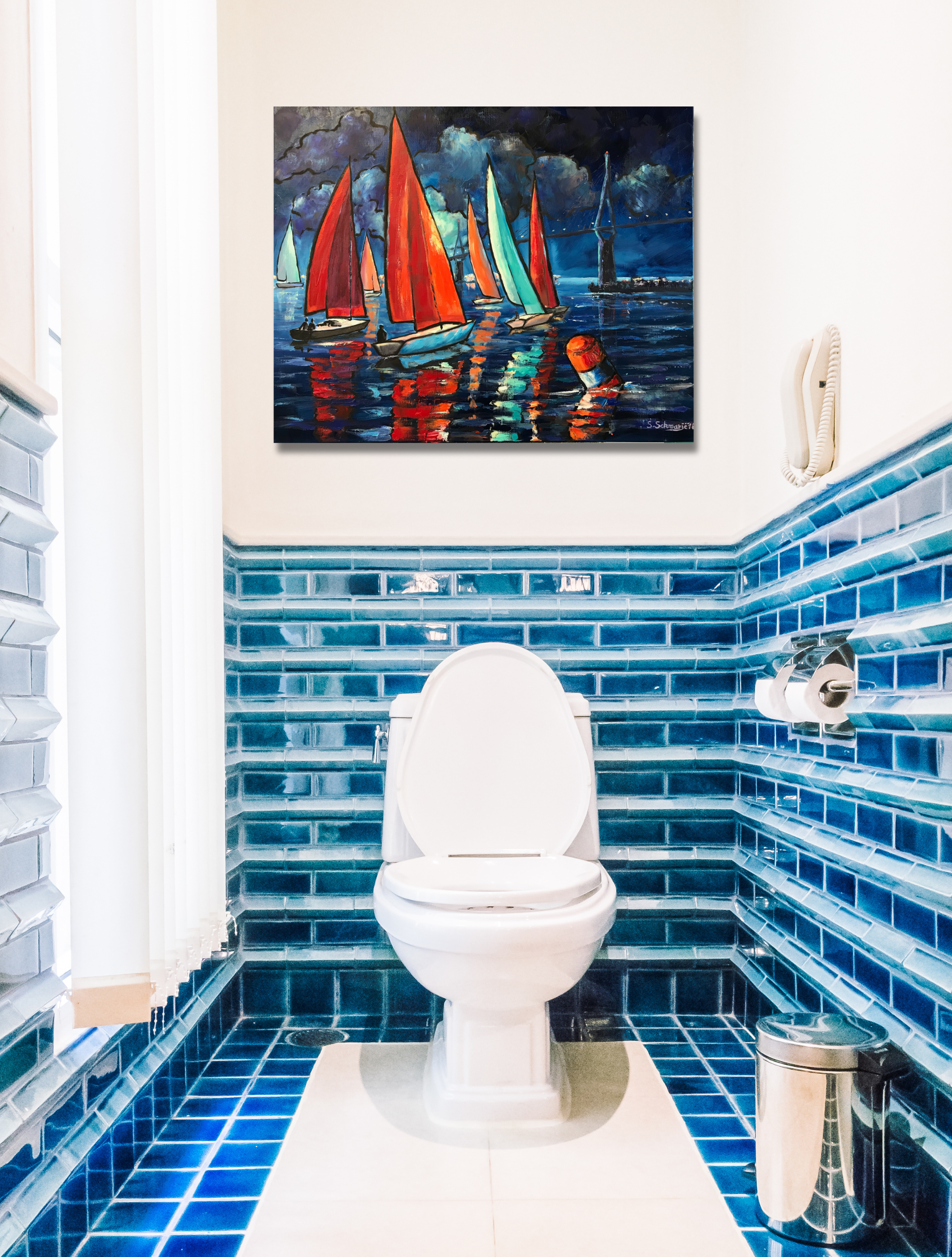 Segelboote vor Köhlbrandbrücke, Ölgemälde auf Leinwand, 80x100cm