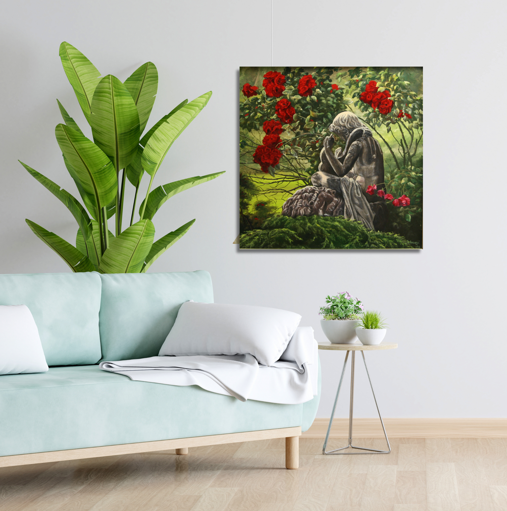 Steinstatue mit Laute, Ölgemälde 80 x 80 cm