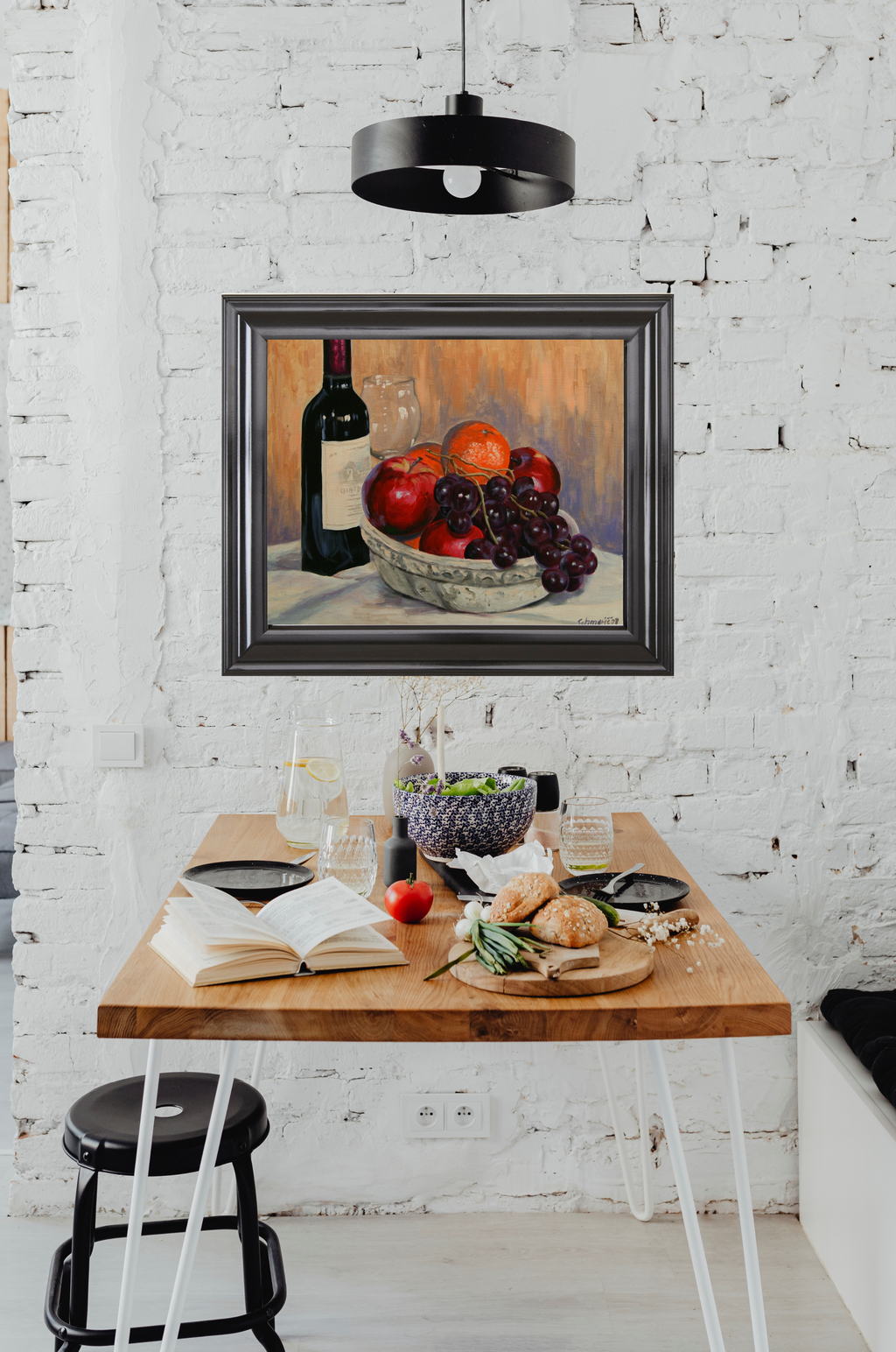 Weinflasche mit Obstschale, Ölgemälde auf Leinwand, 50x60cm