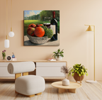 Stillleben mit Obstschale und Wein, Ölgemälde auf Leinwand, 80x80cm