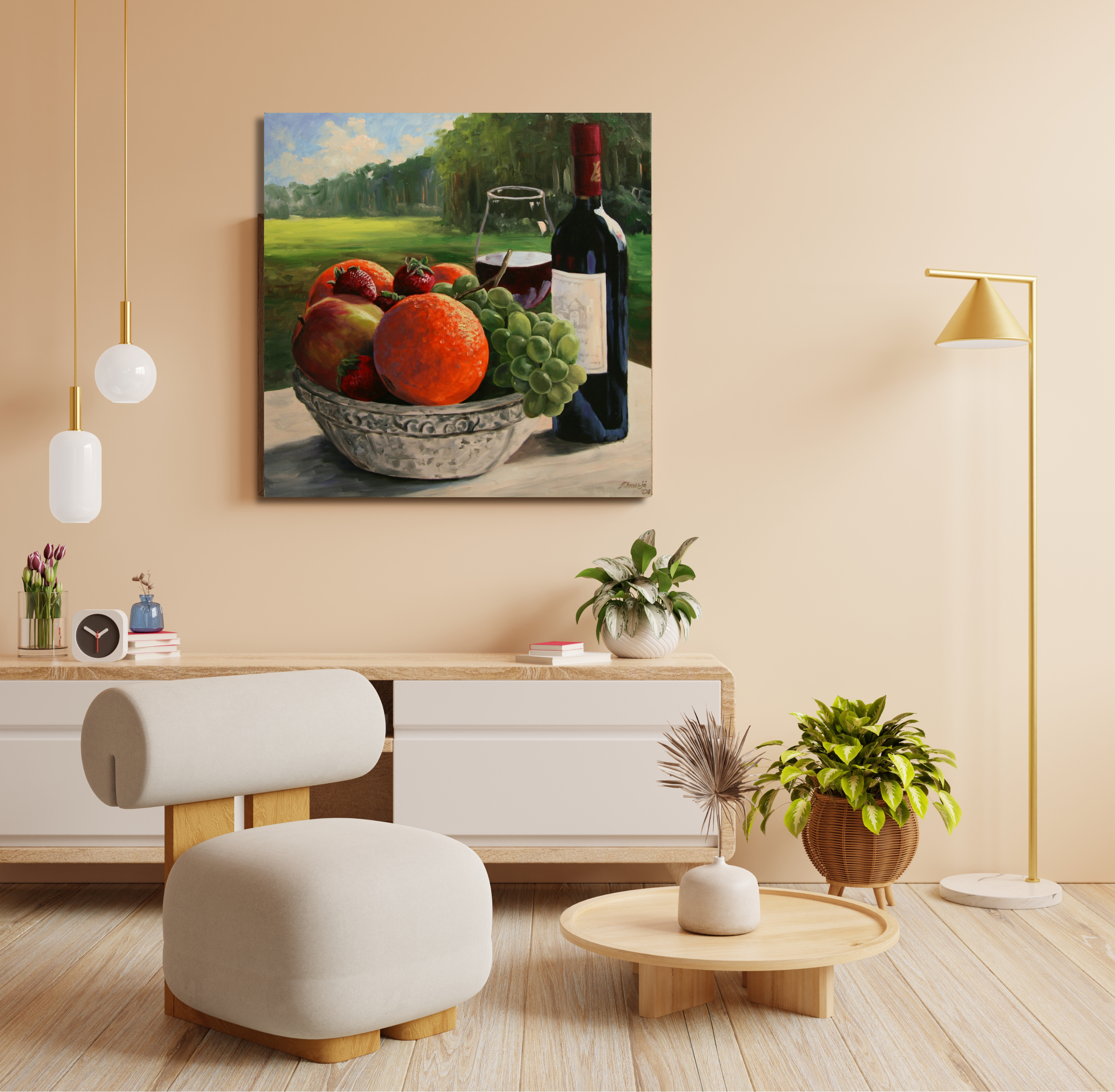 Stillleben mit Obstschale und Wein, Ölgemälde auf Leinwand, 80x80cm