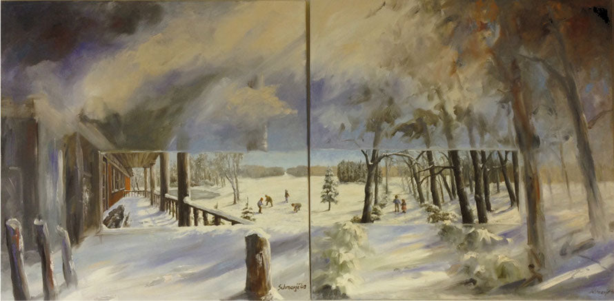 "X6"Winterlandschaft mit Kindern, Ölgemälde 2-teilig, je 80 x 80 cm