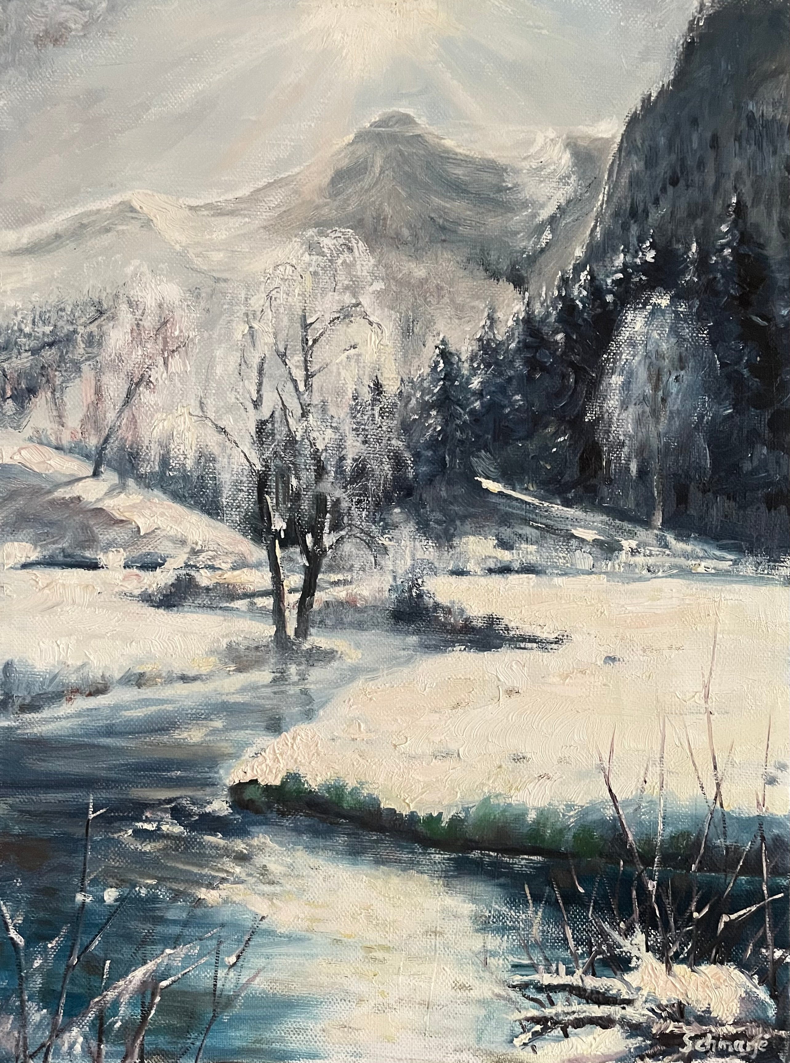 Flusslauf in der Bergen im Winter, Ölgemälde auf Leinwand, 40x30cm